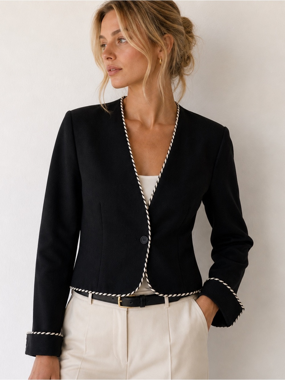 Vintage Linen Blend Black Blazer with Contrast Piping by Lloyd Williams